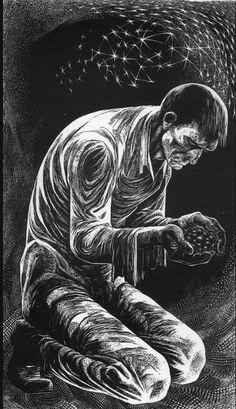 a black and white drawing of a man sitting on the ground looking at something in his hand