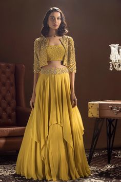 Sanya Gulati-Mustard Boxy Jacket Skirt And Bustier Set-INDIASPOPUP.COM Crop Top And Skirt Indian Party Wear, Crop Top Lehenga With Jacket, Makeup For Yellow Dress, Yellow Indian Outfit, Checkered Embroidery, Gorgeous Lehengas, Orang India, Jacket Lehenga, Function Dresses