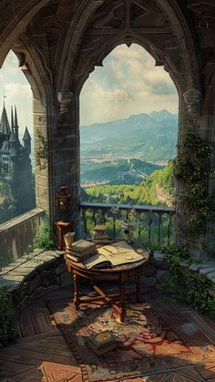 an open book sitting on top of a wooden table in front of a stone building