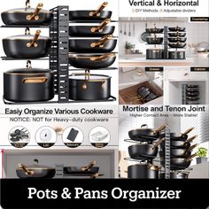 pots and pans organized on the wall with text overlay that reads, pots & pans organizer