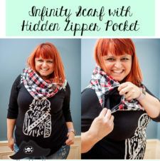 a woman with red hair wearing a black shirt and plaid scarf is smiling while holding onto her