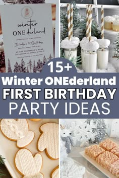 winter wonderland first birthday party ideas with text overlay that reads, 15 + winter onederland first birthday party ideas