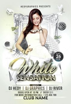 a flyer for a white sensation party with a woman in a dress and pearls on her head