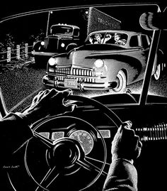 a black and white drawing of a man driving a car