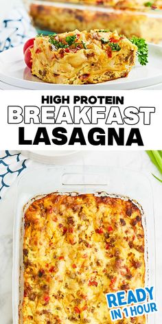 Collage of two images of a Breakfast Lasagna. Breakfast Meats For A Crowd, Egg Lasagna Recipe, Sausage Gravy Breakfast Lasagna, Keto Breakfast Lasagna, Layered Breakfast Lasagna, Breakfast Lasagna Hashbrown, Lasagna Breakfast Casserole, Breakfast Lasagna With Pancakes, Layered Breakfast Casserole