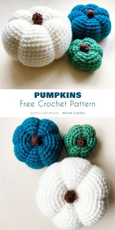 three crocheted pumpkins sitting on top of each other with the words, free crochet pattern