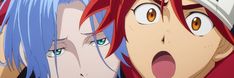 two anime characters with blue hair and orange eyes, one has his mouth open while the other looks surprised