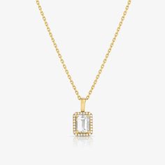 This 14k gold classic pendant necklace showcases an enchanting emerald-cut white topaz surrounded by sparkling diamonds. White Topaz symbolizes purity, healing, truth, spirituality, transformation. Specifications 14k gold, White Topaz, G/SI Diamonds, 26/.13 ct tw , 16"+2" 1.3 mm Cable Chain with Lobster Catch Production Please allow 4-6 weeks for production. Classic Pendant Necklace, White Gold Pendant Necklace, Necklace Luxury, Topaz Pendant, Jewelry Elegant, Luxury Necklace, Gemstone Necklaces, Elegant Necklaces, White Rose Gold