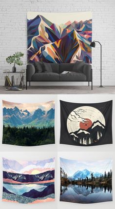 four different wall hangings with mountains in the background