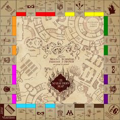 a game board with many different colored squares and symbols on the front, along with an image of hogwart's castle