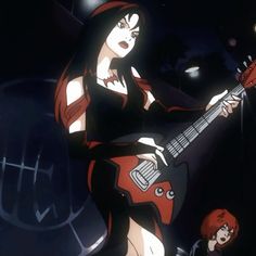 a woman in black and red holding a guitar