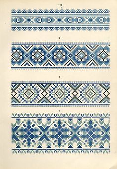 an old book with blue and white designs on the pages, including cross - stitch