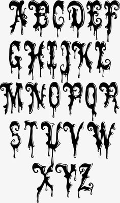 the alphabet is dripping with black paint and letters are all in different styles, but it's not very difficult to read