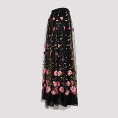 Giambattista Valli Black Rose Polyester Midi Skirt. Black tulle with roses embroidered all over, waistband with tonal ribbon on front, zip on the sides, fully lined. Embroidered Long Skirt For Evening, Spring Evening Skirt With Floral Embroidery, Spring Formal Embroidered Skirt, Rosé Model, Midi Skirt Black, Embroidered Roses, Black Tulle, Golden Goose Deluxe Brand, Black Midi Skirt