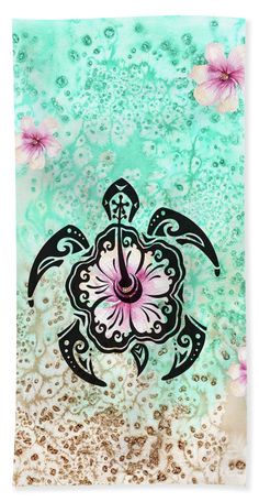 a turtle with pink flowers on it's back beach towel