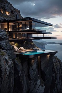 a house on the edge of a cliff with a swimming pool in front of it