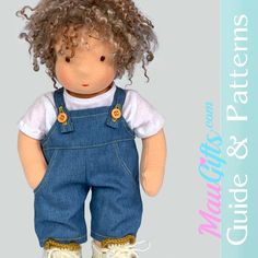 a doll with curly hair wearing overalls and white shoes is standing in front of a gray background