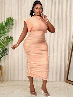 Style:Elegant \nSleeve Type:Batwing Sleeve \nType:Bodycon \nWaist Line:High Waist \nHem Shaped:Pencil \nDetails:Ruched \nNeckline:Stand Collar \nDetails:Zipper \nColor:Pink \nPattern Type:Plain \nSleeve Length:Sleeveless \nLength:Midi \nFit Type:Regular Fit \nFabric:Medium Stretch \nMaterial:Fabric \nComposition:88% Polyester \nComposition:12% Elastane \nCare Instructions:Machine wash or professional dry clean \nPockets:No \nLined For Added Warmth:No \nBelt:No \nSheer:No \n Pink Midi Dress, Style Elegant, Batwing Sleeve, Bat Wings, Dress P, Maternity Bag, Stand Collar, Plus Clothing, Plus Size Dresses