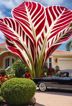 a car parked in front of a large red and white flower sculpture next to a house