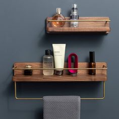 two wooden shelves with various items on them