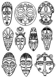 twelve african masks drawn in black and white