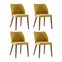 four yellow chairs with wooden legs on a white background