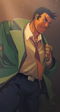 a man in a suit and tie holding a green jacket over his shoulder while looking at the camera