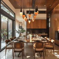 a dining room table with chairs and lights hanging from it's ceiling, in front of sliding glass doors