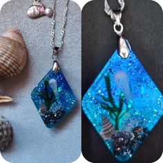 three different pictures of sea creatures and seashells, one is blue the other is green