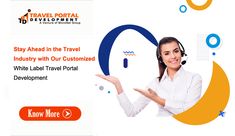 a woman holding out her hand with the words stay ahead in the travel industry with our customized white label travel portal development