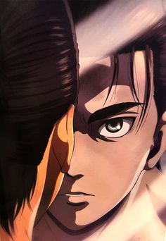 an anime character with black hair and blue eyes looking at the camera, while standing in front of a poster