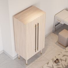 a white desk with a wooden cabinet next to it and a pair of shoes on the floor