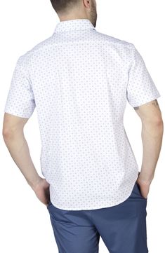 A button-up shirt crafted from breathable cotton keeps you feeling and looking cool on days where fresh floral print adds extra style points. Spread collar Short sleeves 100% cotton Machine wash, tumble dry Imported White Printed Button-up Short Sleeve Shirt, White Printed Shirt With Spread Collar, White Cotton Button-up Shirt, White Cotton Shirt With Spread Collar, White Casual Short Sleeve Shirt For Spring, White Fitted Short Sleeve Casual Shirt, Spring Cotton Short Sleeve Shirt With Spread Collar, Printed Collared Cotton Short Sleeve Shirt, White Cotton Shirt With Button Closure