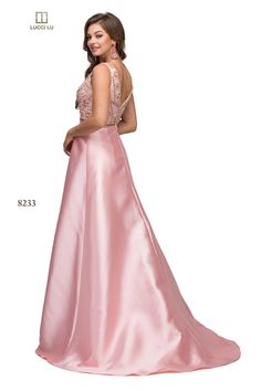 Mikado fitted with A-Line Overlay Color: Blush Pink Neckline: V-Neck Silhouette: Fitted with A-Line Over Skirt Fabric: Mikado Brand: Lucci Lu Style #: 8233 Pink Fitted A-line Gown, Pink V-neck Gown For Prom Season, Pink V-neck Evening Dress For Prom Season, Pink V-neck Dress With Back Zipper, V-neck Evening Dress With Back Zipper For Wedding, Pink A-line Gown With Fitted Bodice, Feminine Fitted A-line Gown, Fitted V-neck Feminine Gown, Fitted A-line Feminine Gown