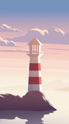 a red and white lighthouse sitting on top of a hill next to the ocean at sunset