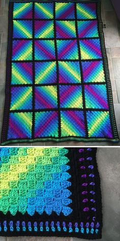 two crocheted afghans on the floor, one is multicolored and the other is black