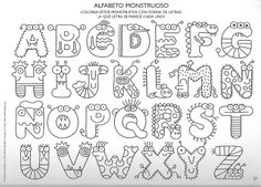 the alphabet is drawn in black and white with letters, numbers, and animals on it