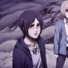 two anime characters standing next to each other in front of snow covered mountains and rocks