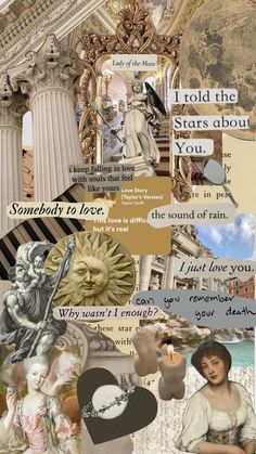 the collage has many different pictures and words on it, including an image of a statue