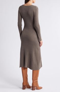 Vertical ribbing calls out your contours when you wear this staple sweater dress knit from a soft cotton-enriched blend. Slips on over head V-neck Long sleeves 40% cotton, 40% recycled polyester, 20% polyester Hand wash, dry flat Imported Knee High Boots Dress, Long Knitted Dress, Dress Knit, Sweater Season, Ribbed Sweater Dress, Long Sleeve Sweater Dress, Comfortable Dress, Winter Dresses, Nordstrom Dresses