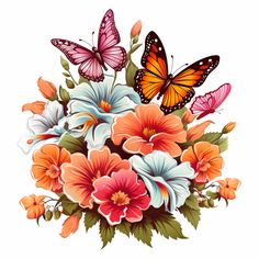 a bouquet of flowers and butterflies on a white background