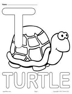 the letter t is for turtle coloring page with an image of a turtle on it's back