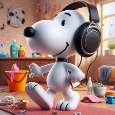 the peanuts movie character is listening to headphones