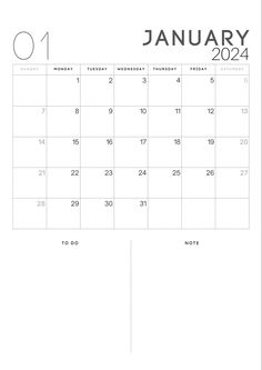 the january calendar is shown in black and white