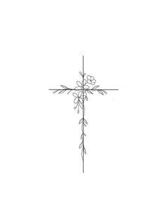 a cross with flowers on it is drawn in black and white, against a plain background