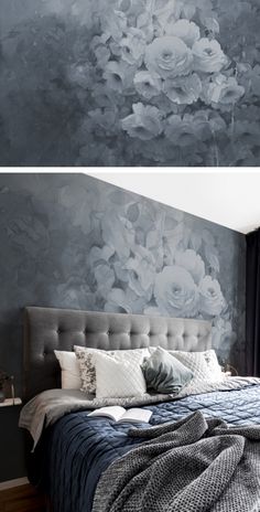 two pictures of the same bed with flowers painted on it, one in grey and another in white