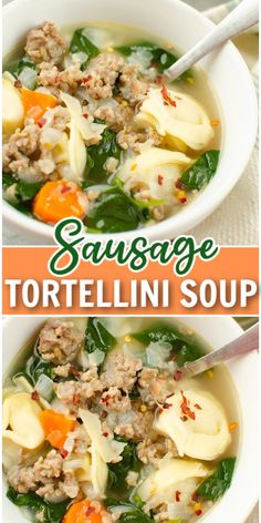 sausage tortellini soup with spinach and carrots in a white bowl