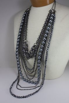 Multi Strand Grey & Gunmetal Silver Necklace Handcrafted OOAK Gray Metal Chain Necklace, Costume Jewelry Metal Multi-strand Layered Necklace, Vintage Multi-strand Layered Metal Necklace, Vintage Multi-strand Layered Necklace, Multi-strand Chain Layered Costume Necklace, Multi-strand Chain Layered Necklace In Costume Style, Multi-strand Chain Layered Necklace For Costume Jewelry, Vintage Multi-strand Silver Chain Necklace, Costume Jewelry Multi-strand Chain Layered Necklace