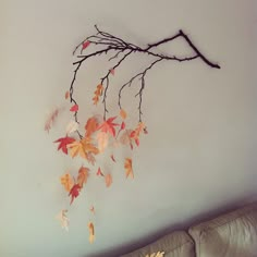 a branch with leaves hanging from it's side next to a couch in a living room