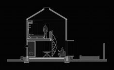 a black and white drawing of a house with stairs to the second floor, two people standing in the doorway